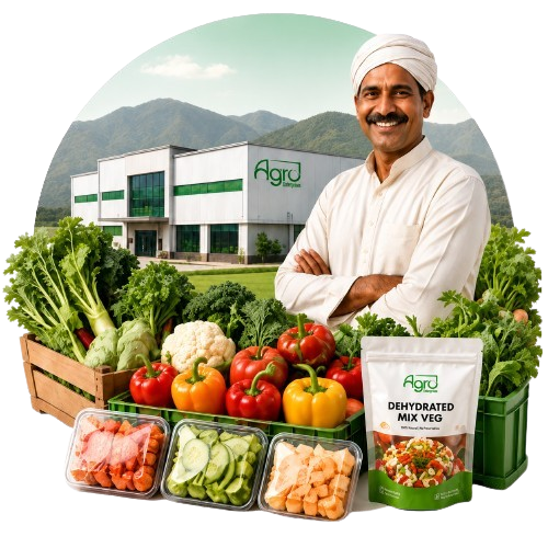 Farmer with fresh produce, processing facility, packaged produce, and dehydrated products