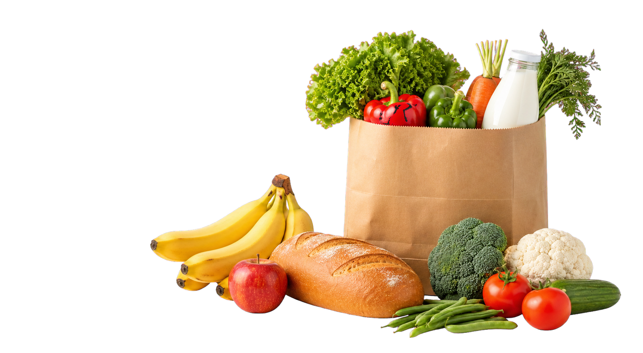 A bag of fresh groceries with fruit, vegetables, milk and bread