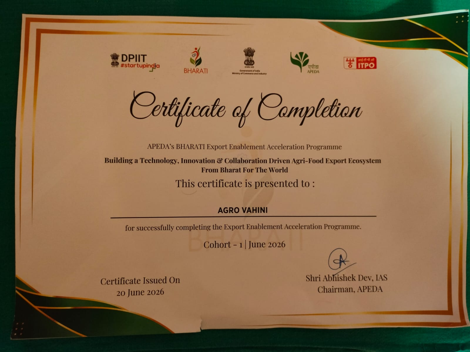 BHARATI APEDA completion certificate for Agro Vahini